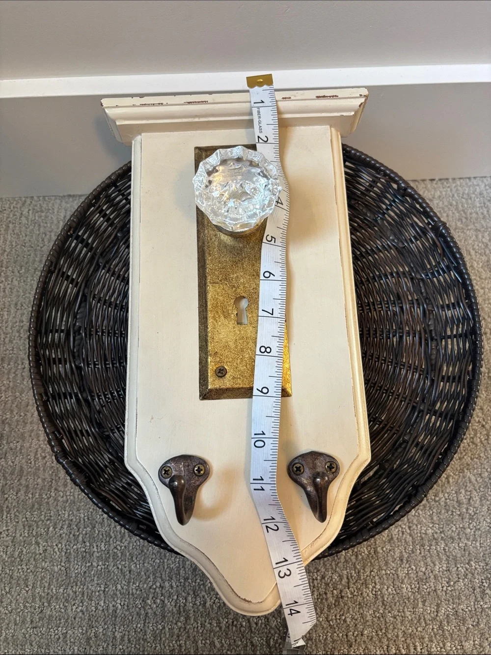 Vintage-Style Cream Wall Hook with Glass Knob and Brass Plate